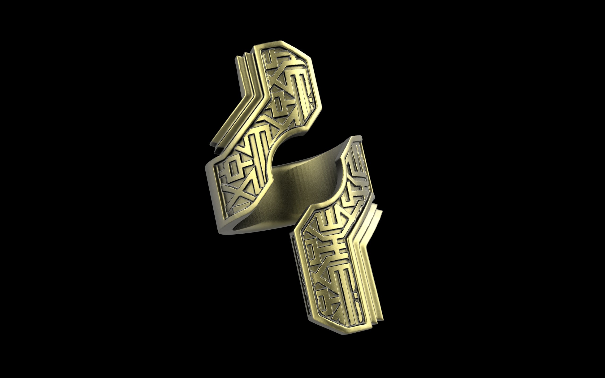 "Hydreia" Future Tribal Patterned Asymmetrical Ring - Sterling Silver / Brass / Bronze