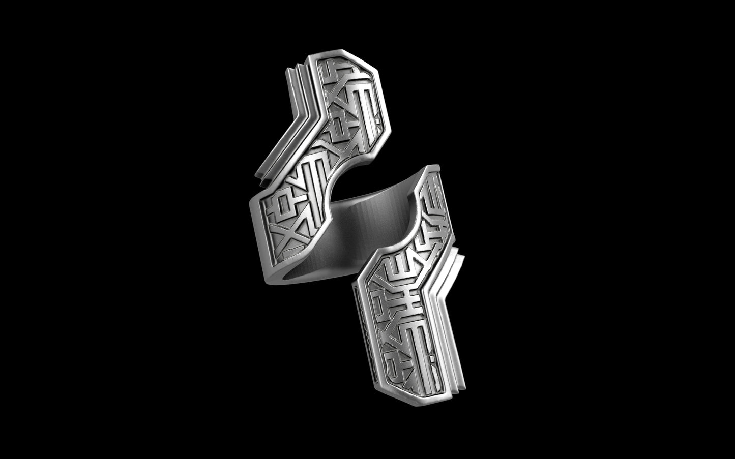 "Hydreia" Future Tribal Patterned Asymmetrical Ring - Sterling Silver / Brass / Bronze