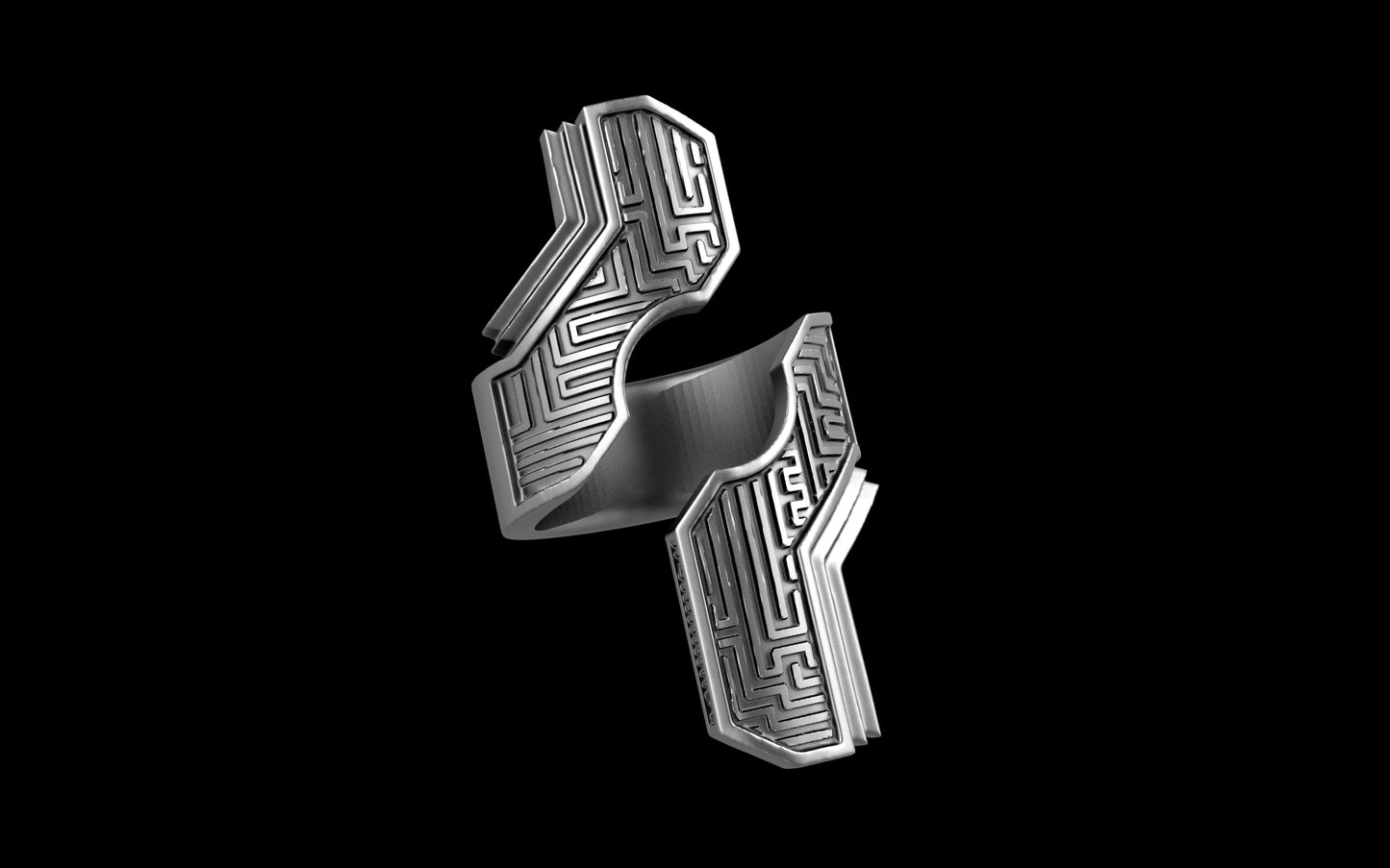 "Hydreia" Future Tribal Patterned Asymmetrical Ring - Sterling Silver / Brass / Bronze