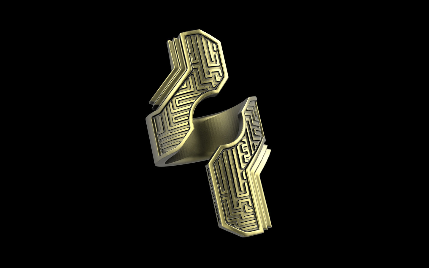 "Hydreia" Future Tribal Patterned Asymmetrical Ring - Sterling Silver / Brass / Bronze