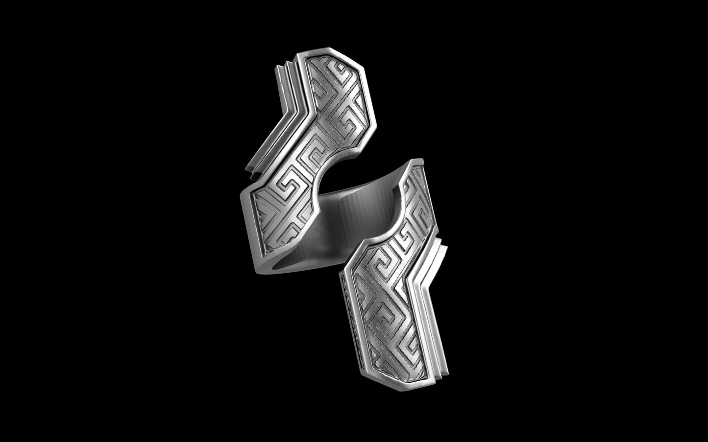 "Hydreia" Future Tribal Patterned Asymmetrical Ring - Sterling Silver / Brass / Bronze