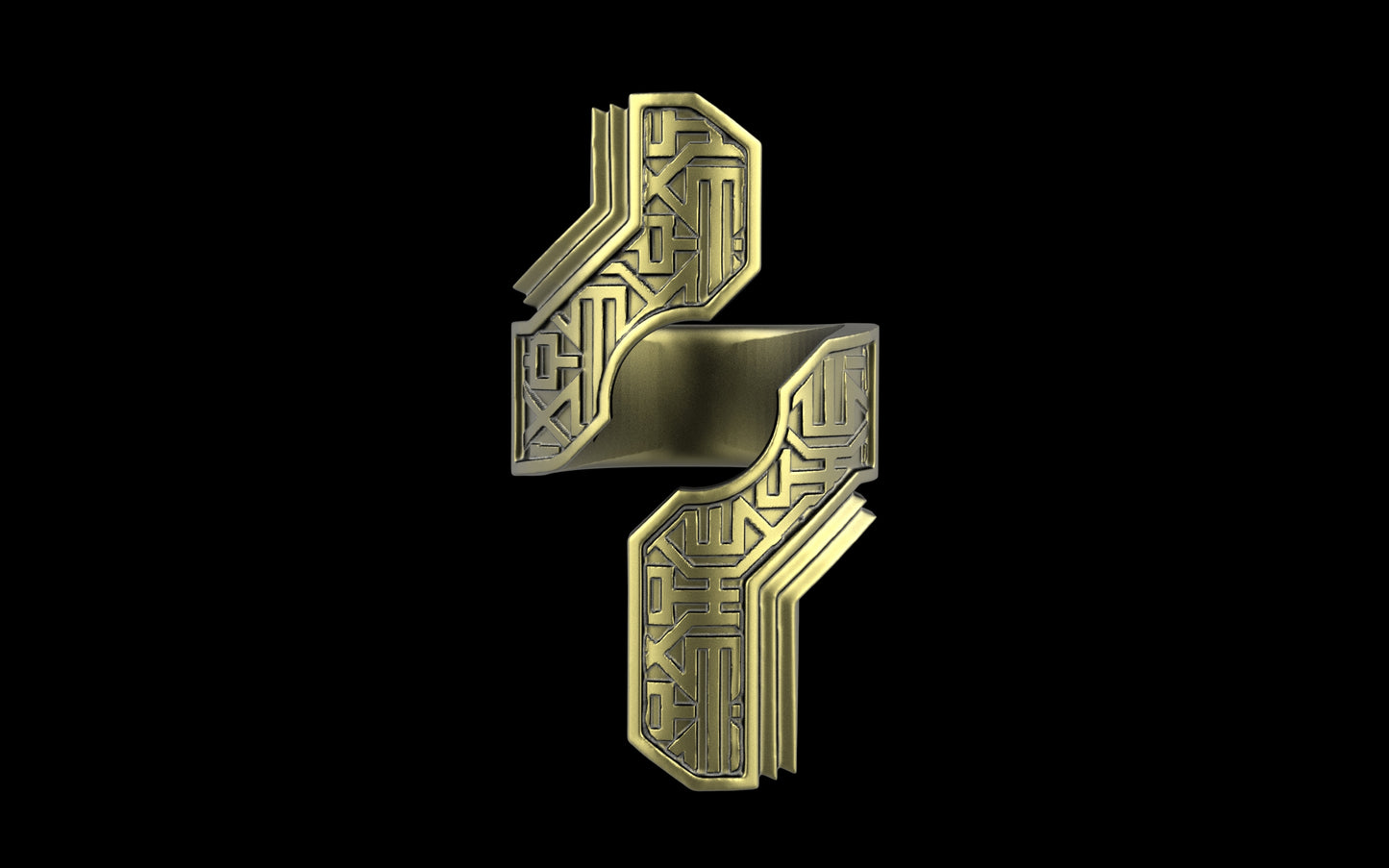 "Hydreia" Future Tribal Patterned Asymmetrical Ring - Sterling Silver / Brass / Bronze