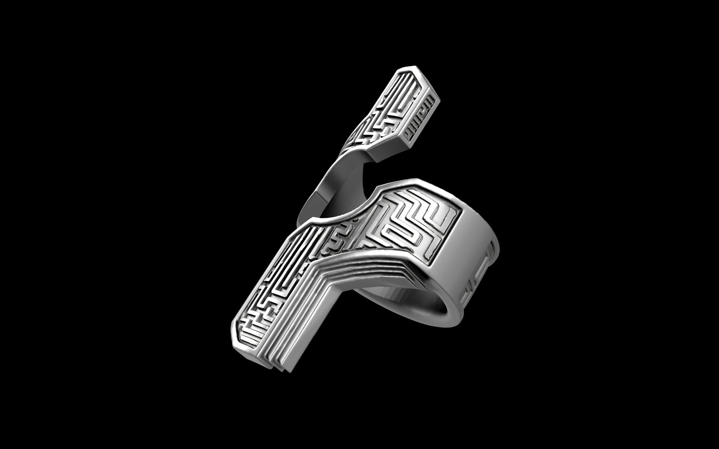 "Hydreia" Future Tribal Patterned Asymmetrical Ring - Sterling Silver / Brass / Bronze