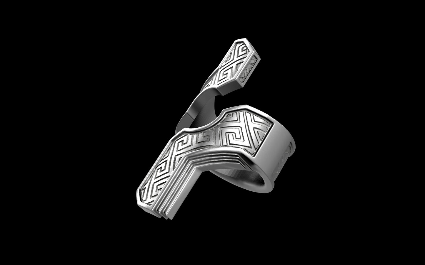 "Hydreia" Future Tribal Patterned Asymmetrical Ring - Sterling Silver / Brass / Bronze