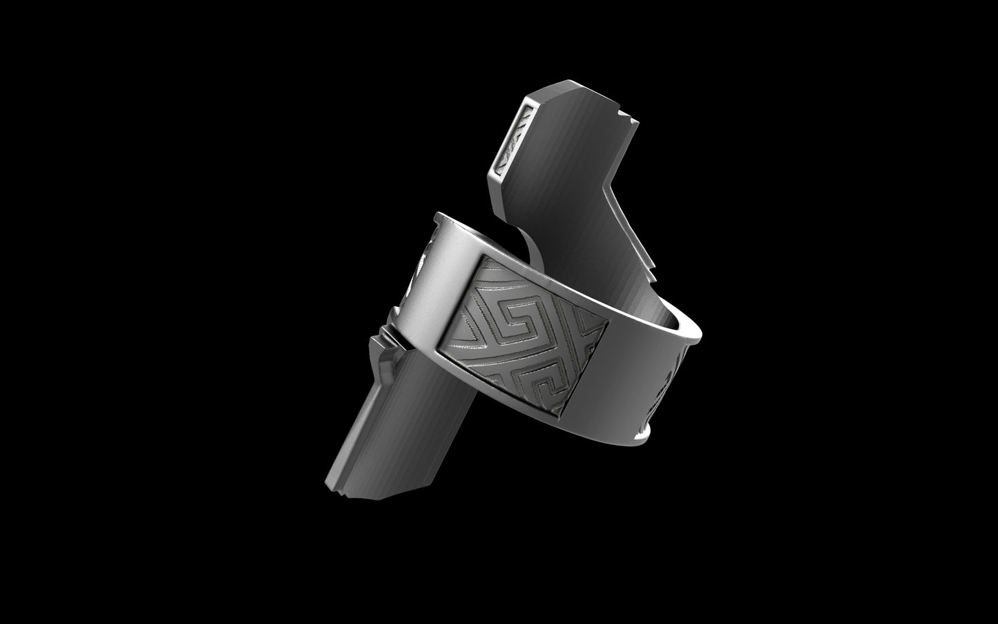 "Hydreia" Future Tribal Patterned Asymmetrical Ring - Sterling Silver / Brass / Bronze