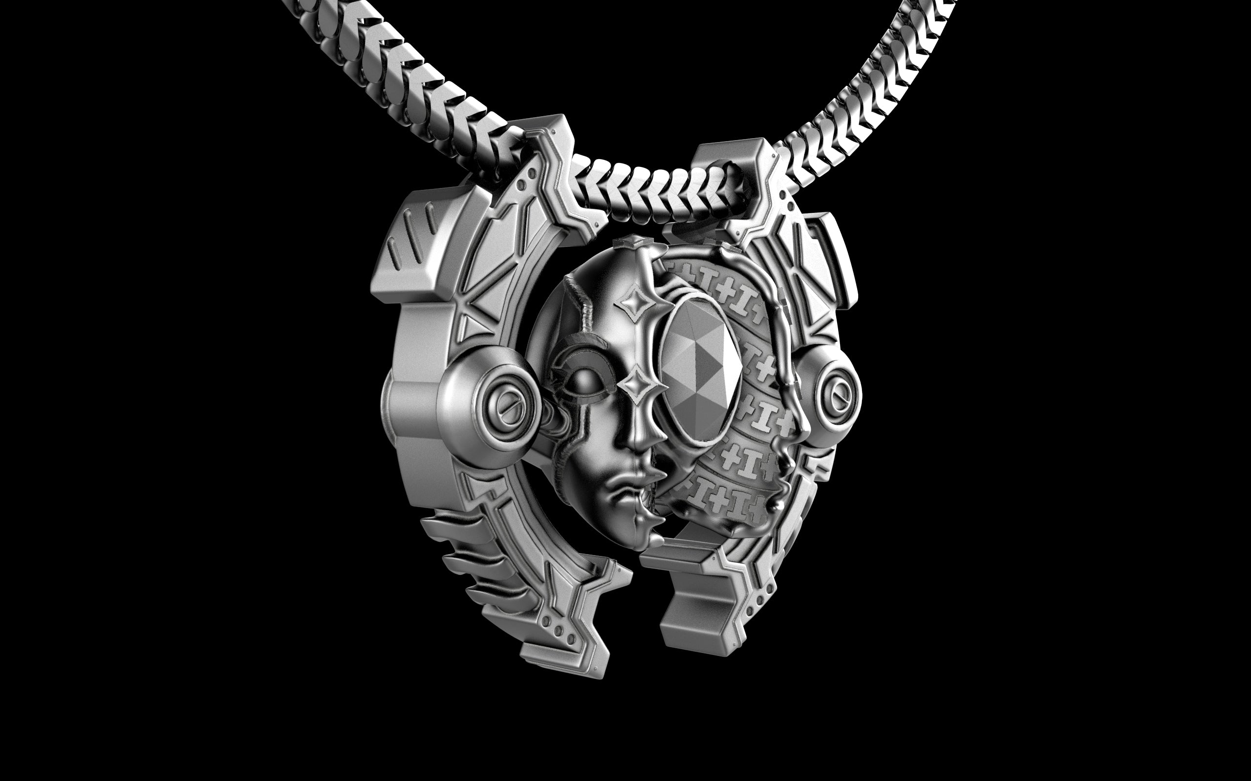 "Omnipresence" Biomechanical Cyberpunk Pendant with Chain - Sterling Silver / Brass / Bronze