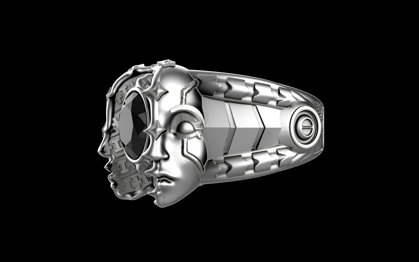 "Omnipresence" Biomechanical Cyberpunk Gemstone Ring - Sterling Silver / Brass / Bronze
