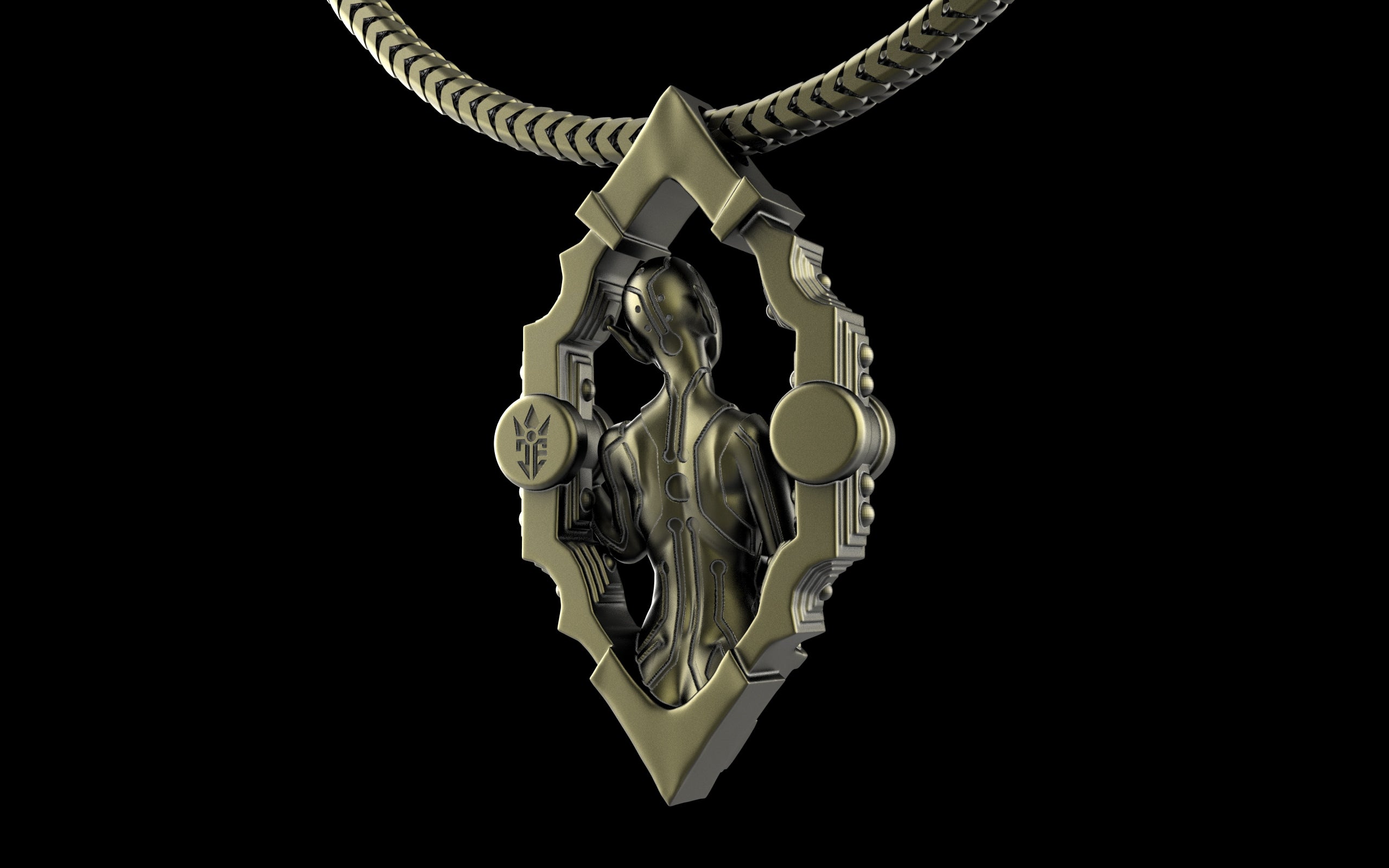 "Void Gaze" Biomechanical Cyberpunk Pendant with Chain - Sterling Silver / Brass / Bronze