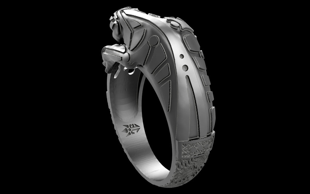 "Hikaru" Cyberpunk Jaguar Ring with Psychedelic Pattern Inlay - Sterling Silver / Brass / Bronze