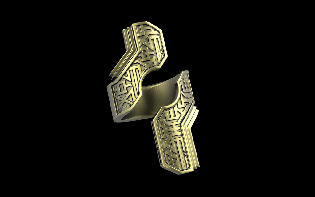 "Hydreia" Future Tribal Patterned Asymmetrical Ring - Sterling Silver / Brass / Bronze