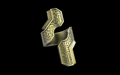 "Hydreia" Future Tribal Patterned Asymmetrical Ring - Sterling Silver / Brass / Bronze