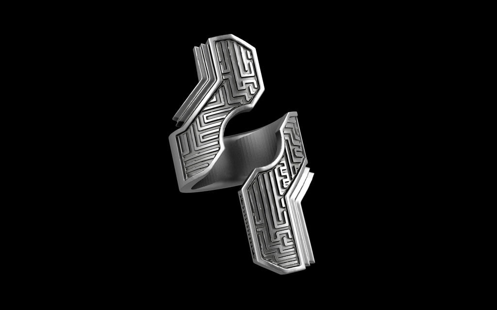 "Hydreia" Future Tribal Patterned Asymmetrical Ring - Sterling Silver / Brass / Bronze