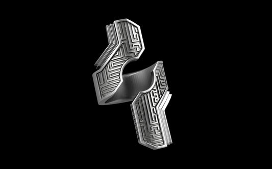 "Hydreia" Future Tribal Patterned Asymmetrical Ring - Sterling Silver / Brass / Bronze