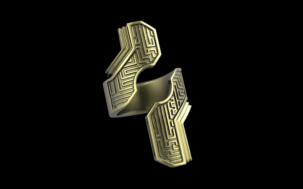 "Hydreia" Future Tribal Patterned Asymmetrical Ring - Sterling Silver / Brass / Bronze