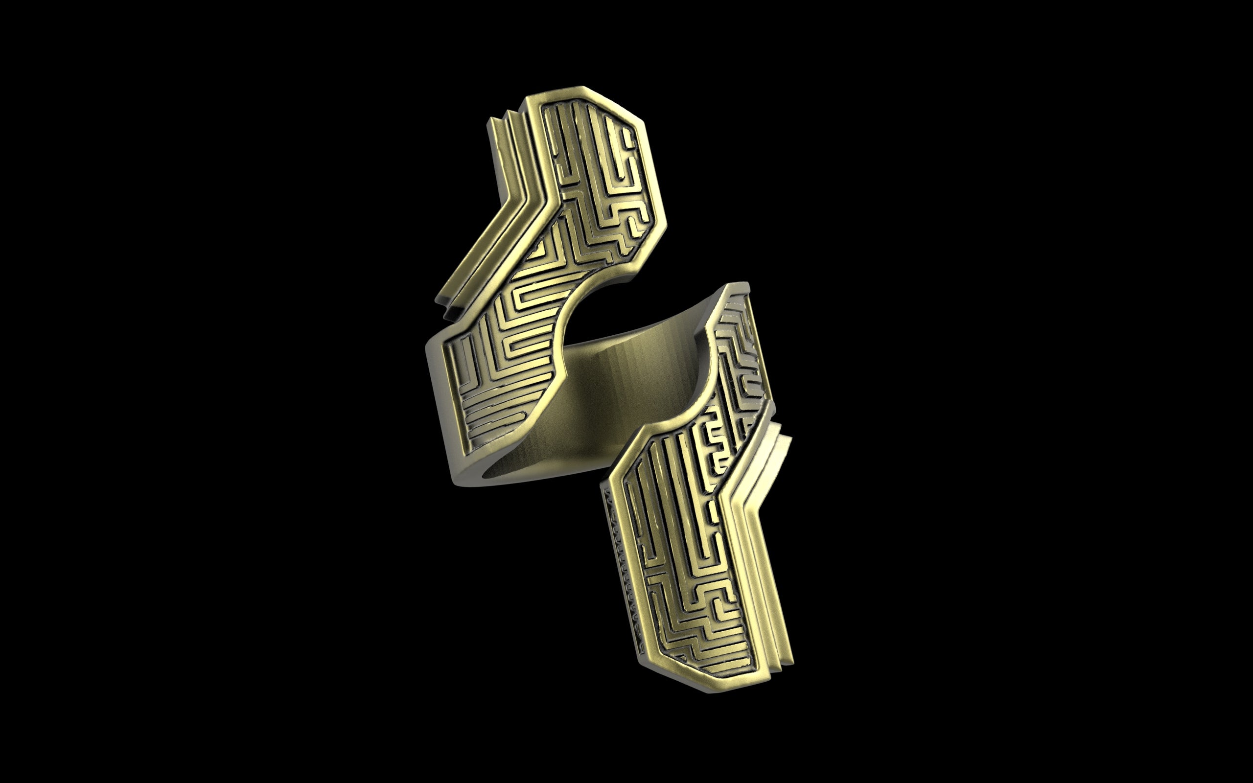 "Hydreia" Future Tribal Patterned Asymmetrical Ring - Sterling Silver / Brass / Bronze