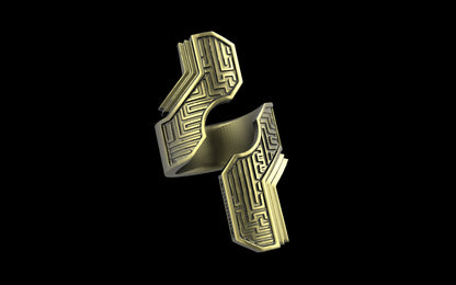 "Hydreia" Future Tribal Patterned Asymmetrical Ring - Sterling Silver / Brass / Bronze