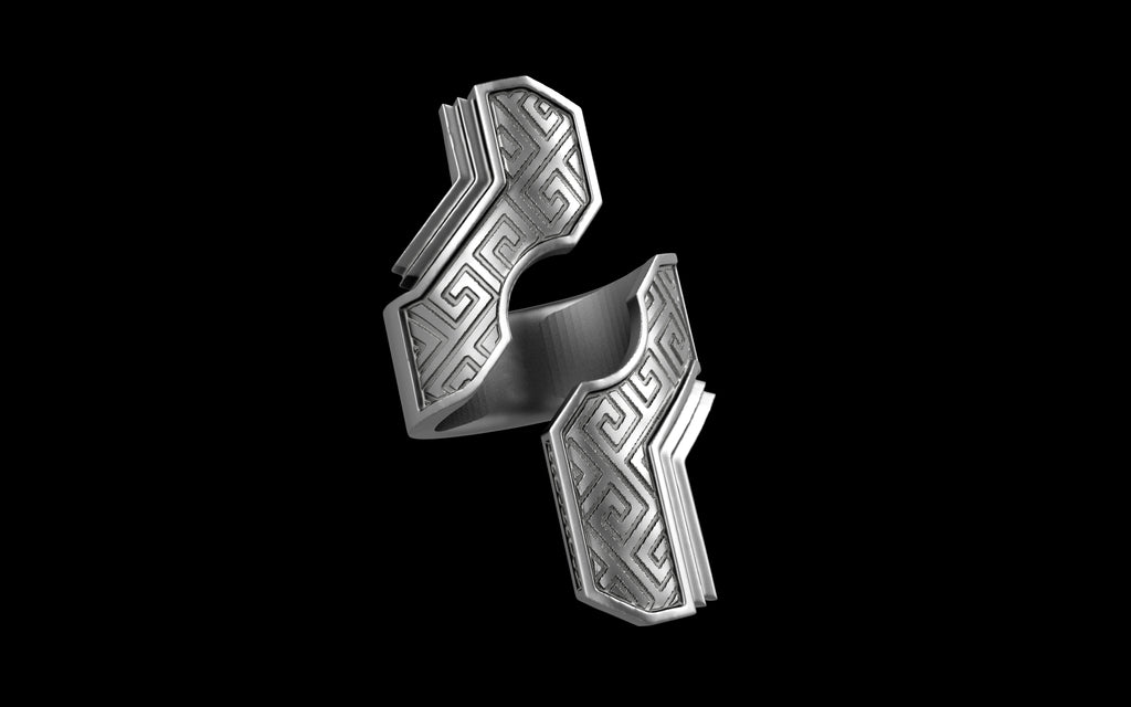 "Hydreia" Future Tribal Patterned Asymmetrical Ring - Sterling Silver / Brass / Bronze
