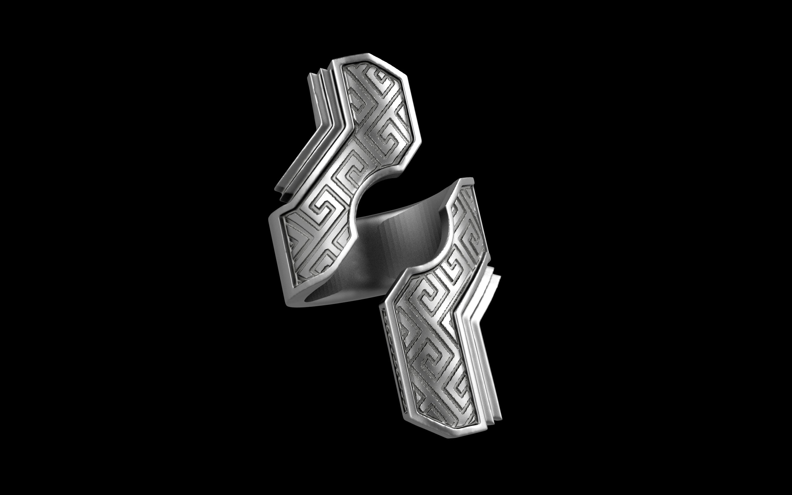 "Hydreia" Future Tribal Patterned Asymmetrical Ring - Sterling Silver / Brass / Bronze