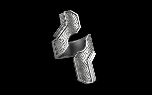 "Hydreia" Future Tribal Patterned Asymmetrical Ring - Sterling Silver / Brass / Bronze