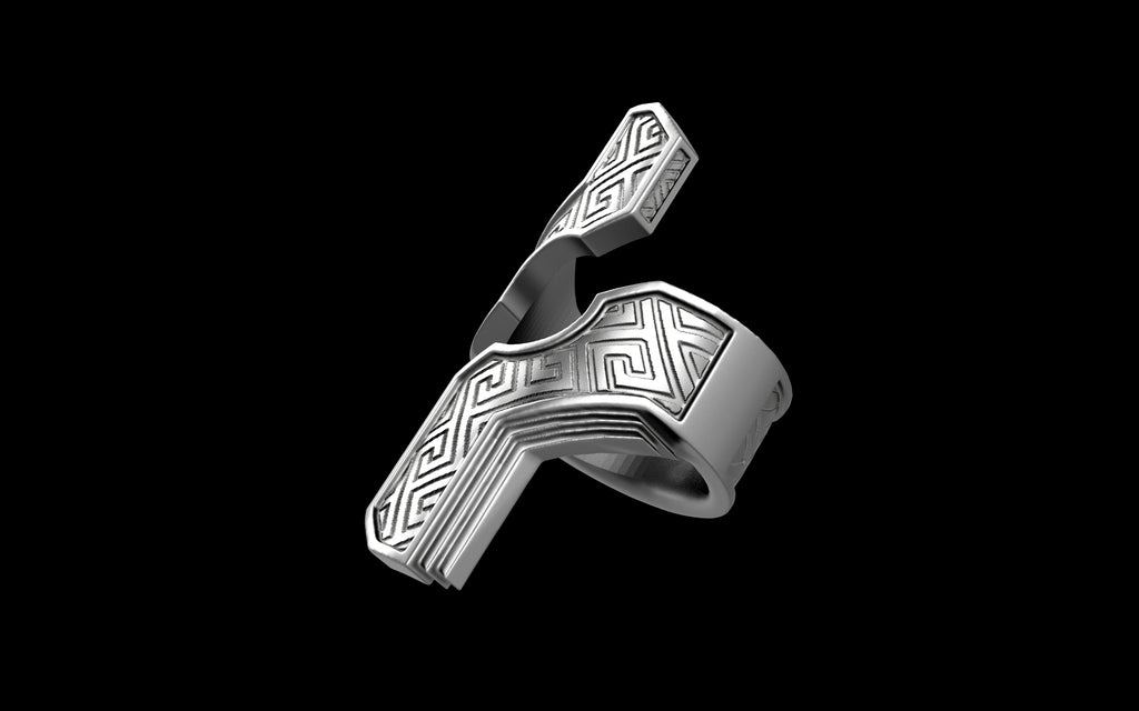 "Hydreia" Future Tribal Patterned Asymmetrical Ring - Sterling Silver / Brass / Bronze