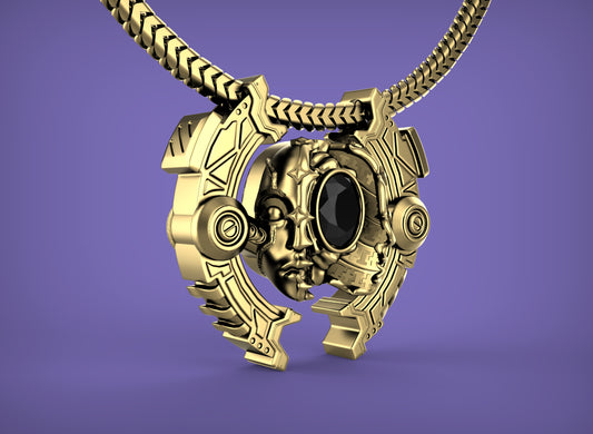 "Omnipresence" Biomechanical Cyberpunk Gemstone Pendant with Chain - Sterling Silver / Brass / Bronze