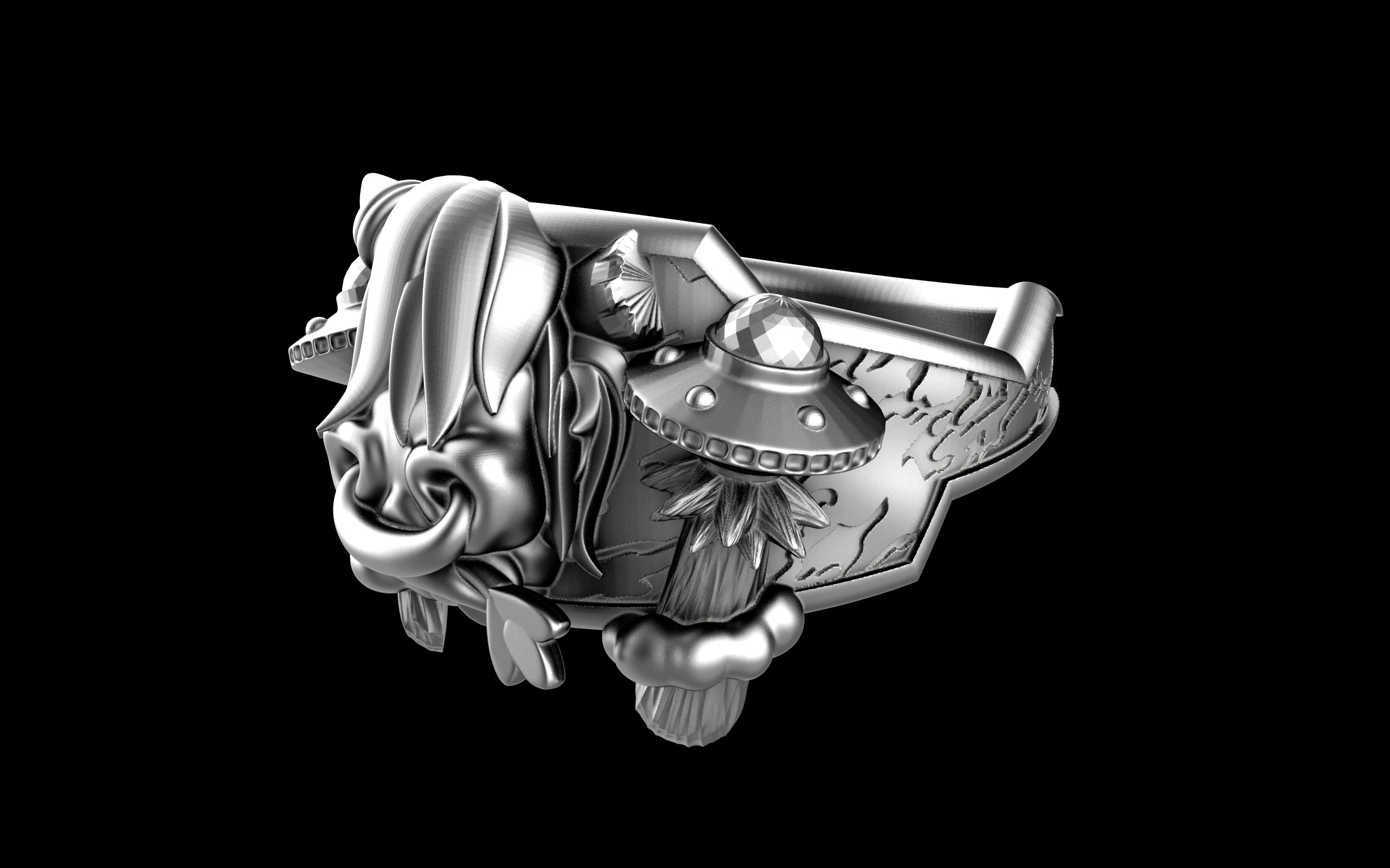 "Maddox" Long-Haired Cow/Bull/Ox with UFO's Ring - Sterling Silver / Brass / Bronze