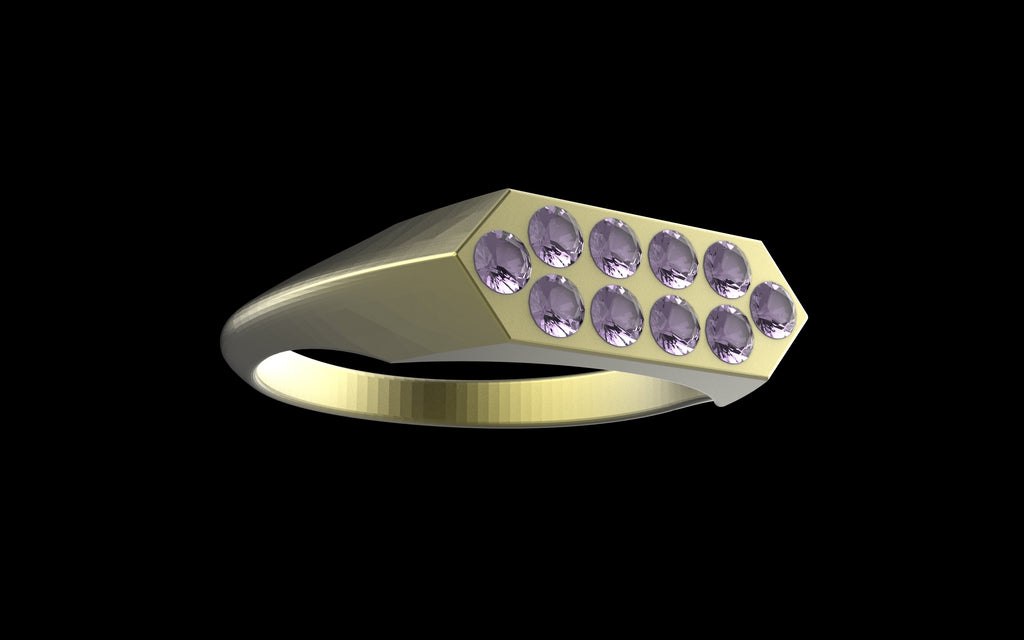 "Nyalla" Minimalist Long Hex Signet Ring - Custom Pave Gemstones - Sterling Silver / Brass