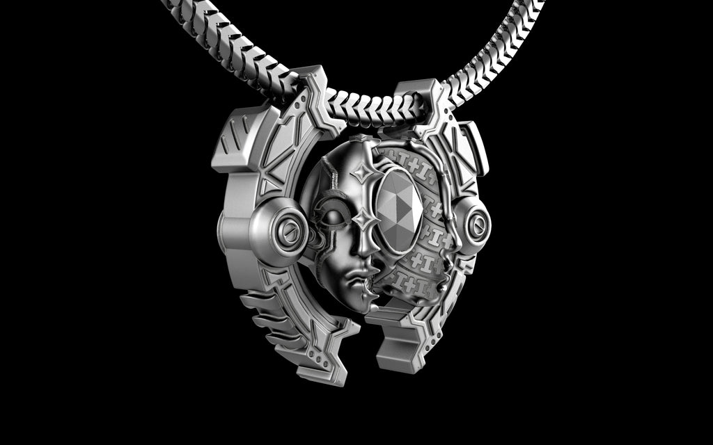 "Omnipresence" Biomechanical Cyberpunk Pendant with Chain - Sterling Silver / Brass / Bronze