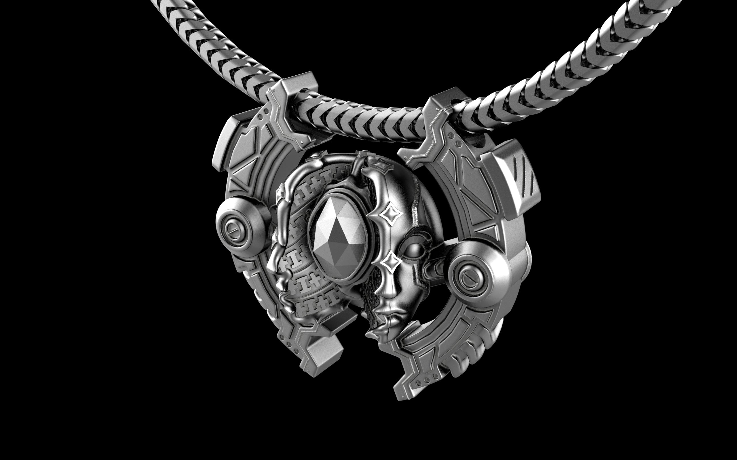 "Omnipresence" Biomechanical Cyberpunk Pendant with Chain - Sterling Silver / Brass / Bronze
