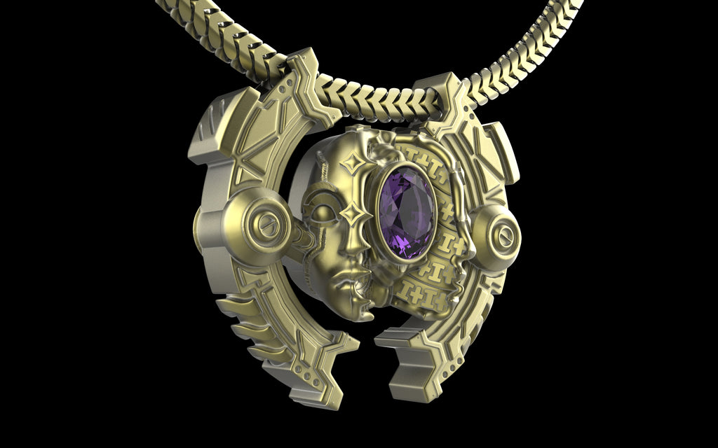 "Omnipresence" Biomechanical Cyberpunk Gemstone Pendant with Chain - Sterling Silver / Brass / Bronze