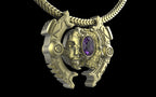 "Omnipresence" Biomechanical Cyberpunk Gemstone Pendant with Chain - Sterling Silver / Brass / Bronze