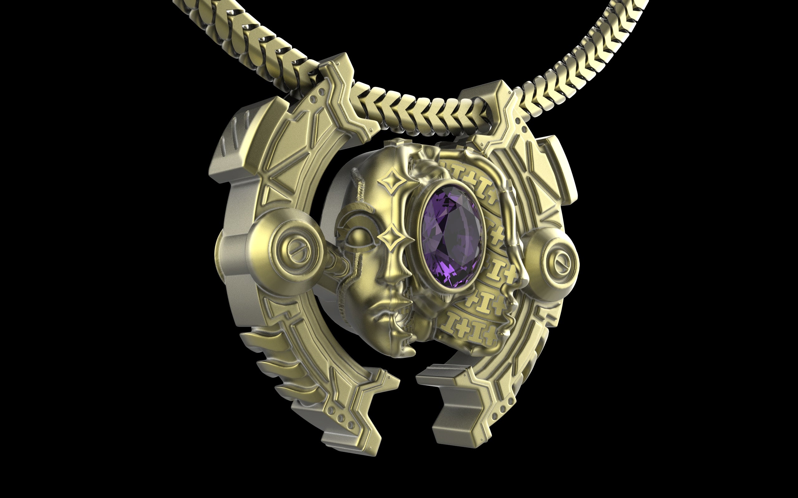 "Omnipresence" Biomechanical Cyberpunk Gemstone Pendant with Chain - Sterling Silver / Brass / Bronze