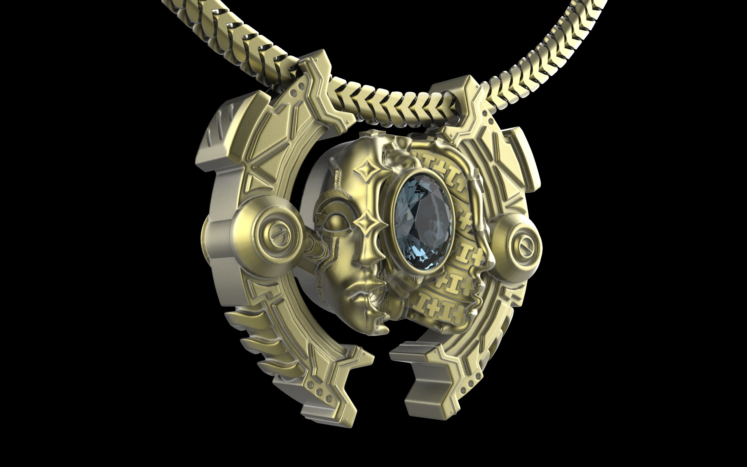"Omnipresence" Biomechanical Cyberpunk Gemstone Pendant with Chain - Sterling Silver / Brass / Bronze