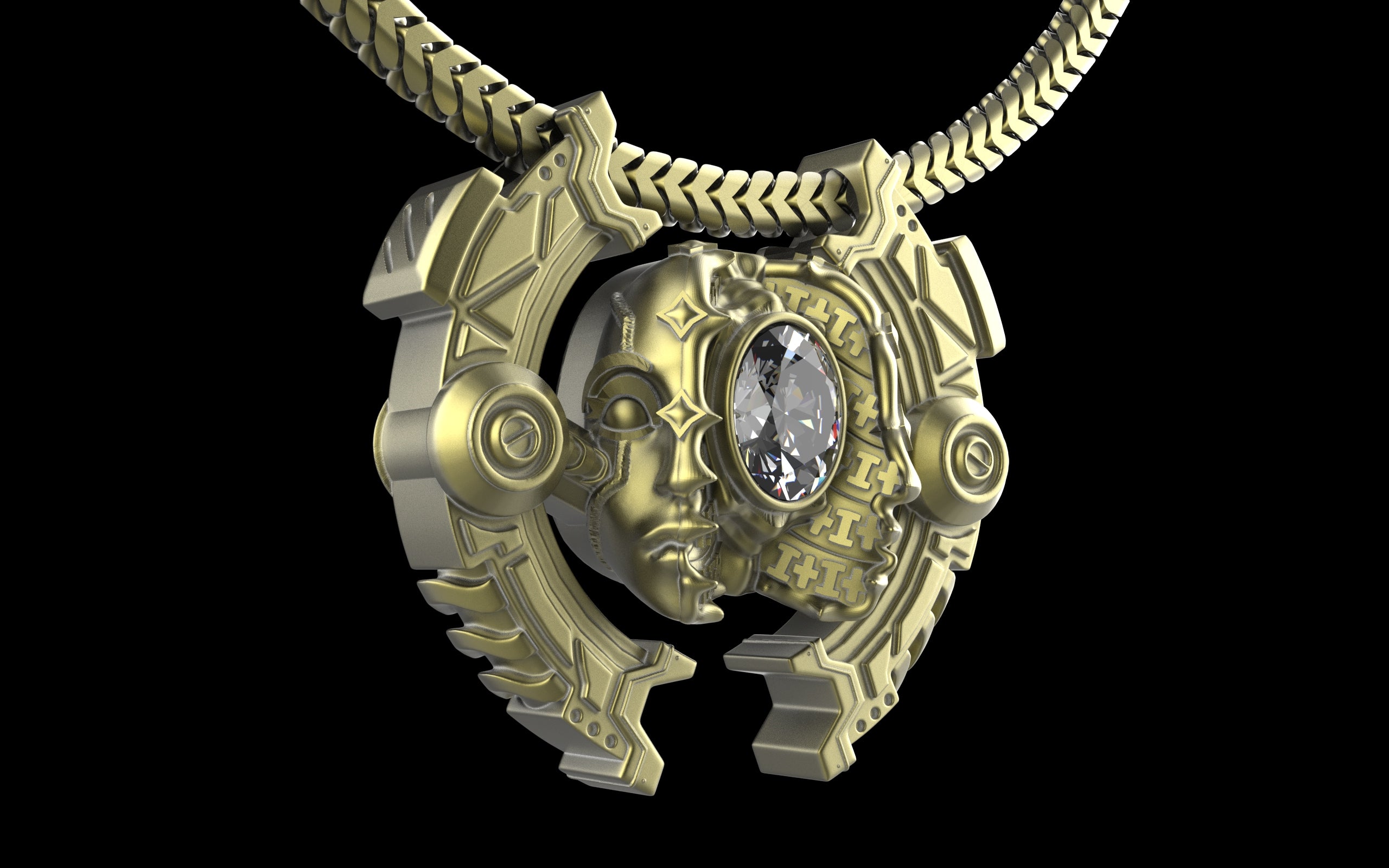 "Omnipresence" Biomechanical Cyberpunk Gemstone Pendant with Chain - Sterling Silver / Brass / Bronze