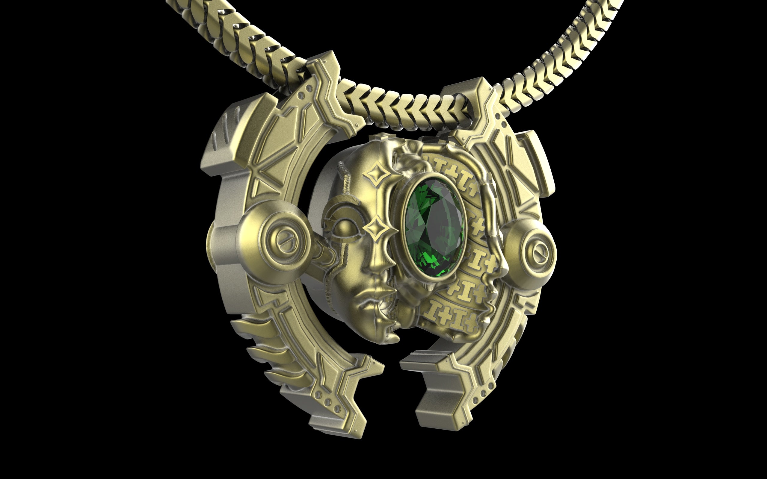 "Omnipresence" Biomechanical Cyberpunk Gemstone Pendant with Chain - Sterling Silver / Brass / Bronze