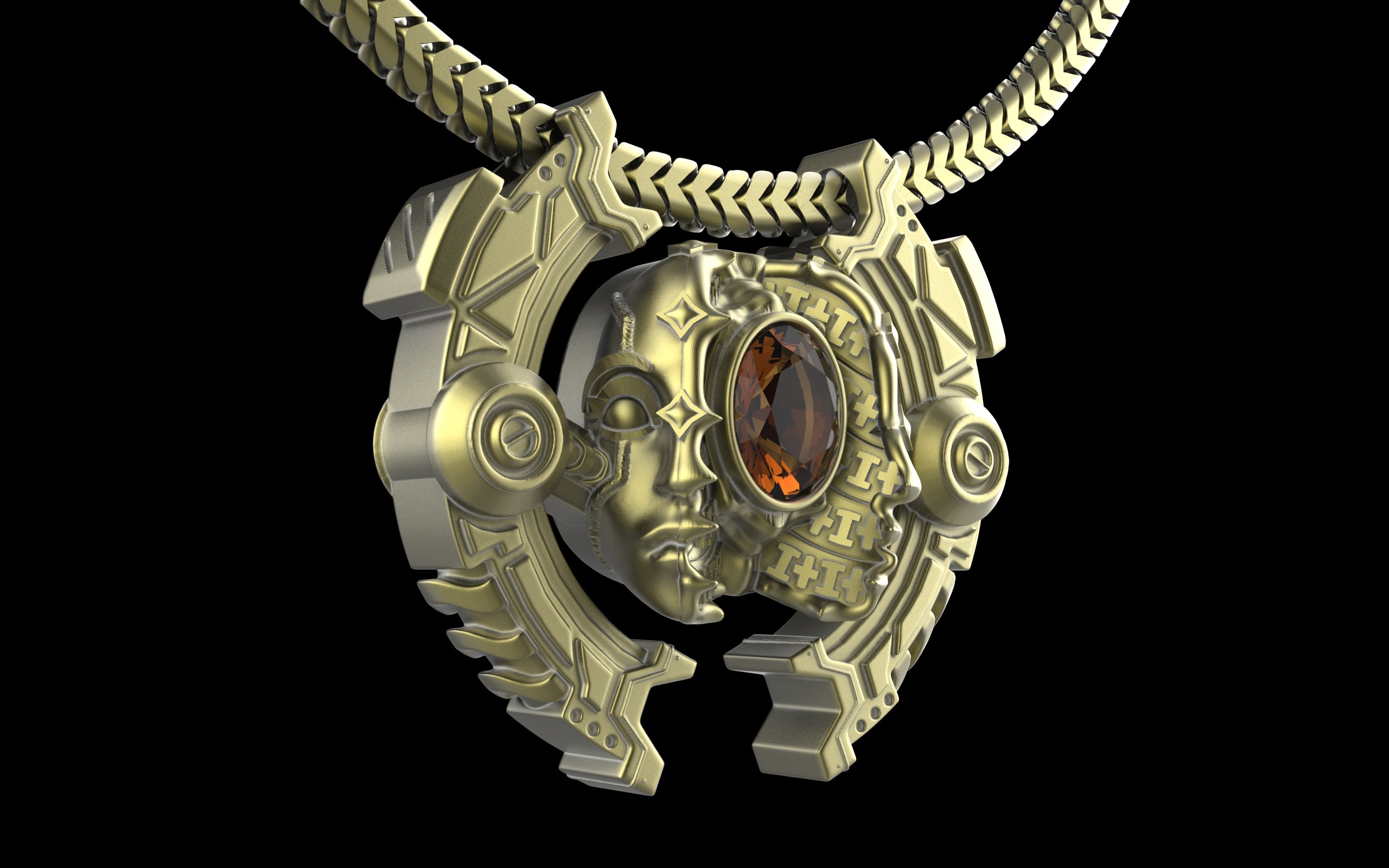 "Omnipresence" Biomechanical Cyberpunk Gemstone Pendant with Chain - Sterling Silver / Brass / Bronze