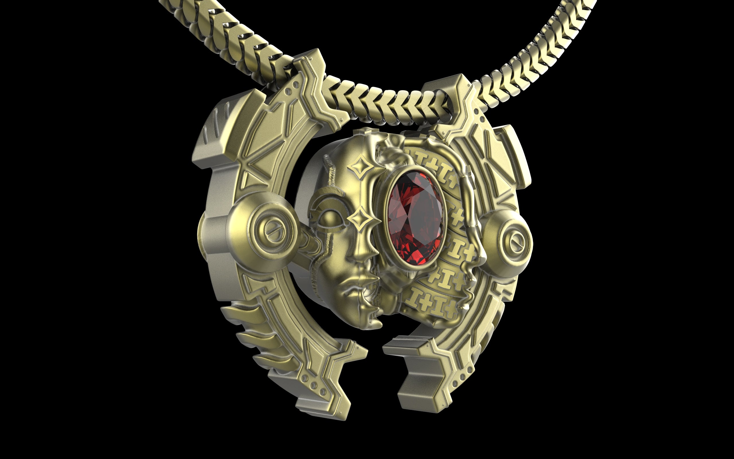 "Omnipresence" Biomechanical Cyberpunk Gemstone Pendant with Chain - Sterling Silver / Brass / Bronze