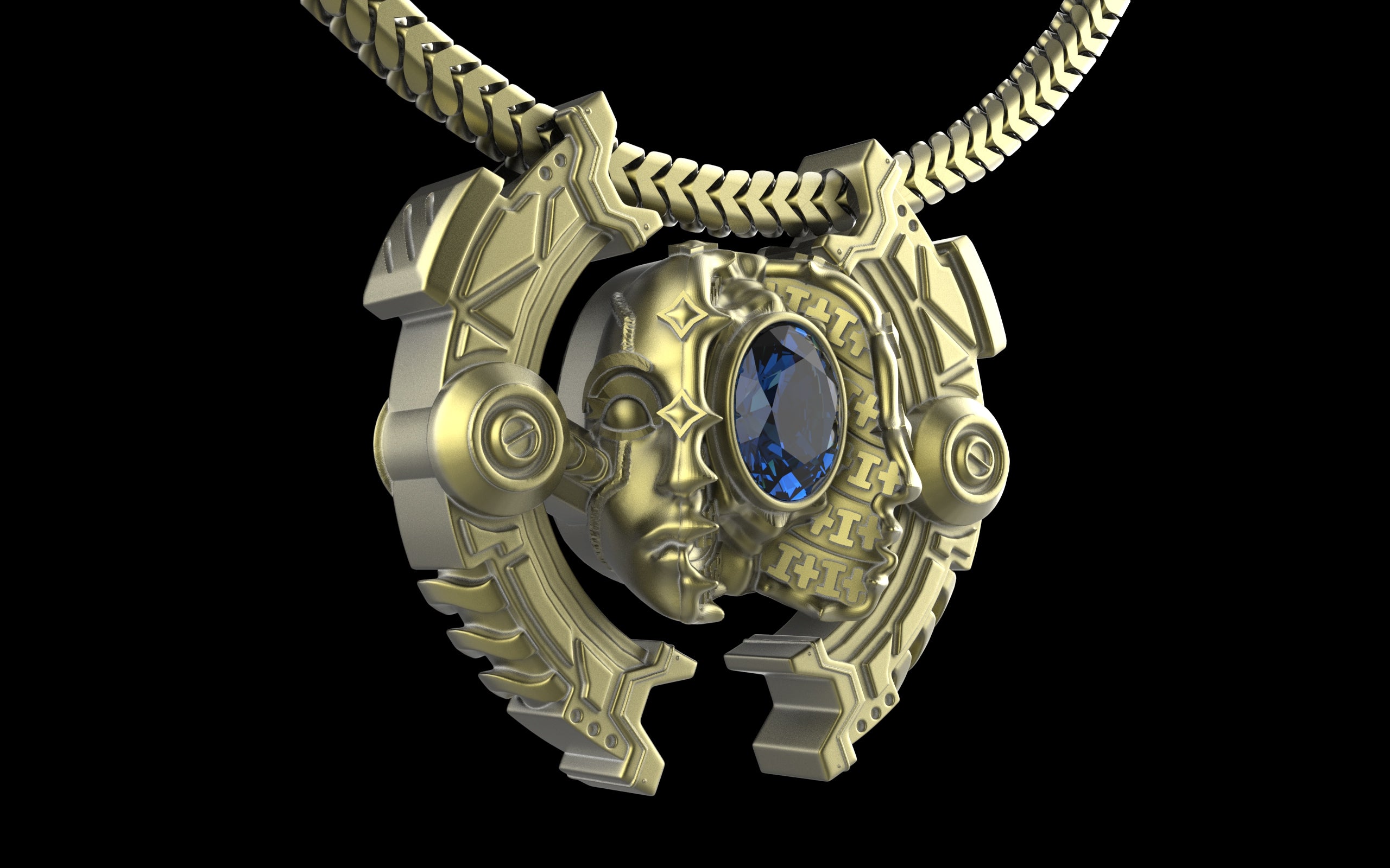 "Omnipresence" Biomechanical Cyberpunk Gemstone Pendant with Chain - Sterling Silver / Brass / Bronze