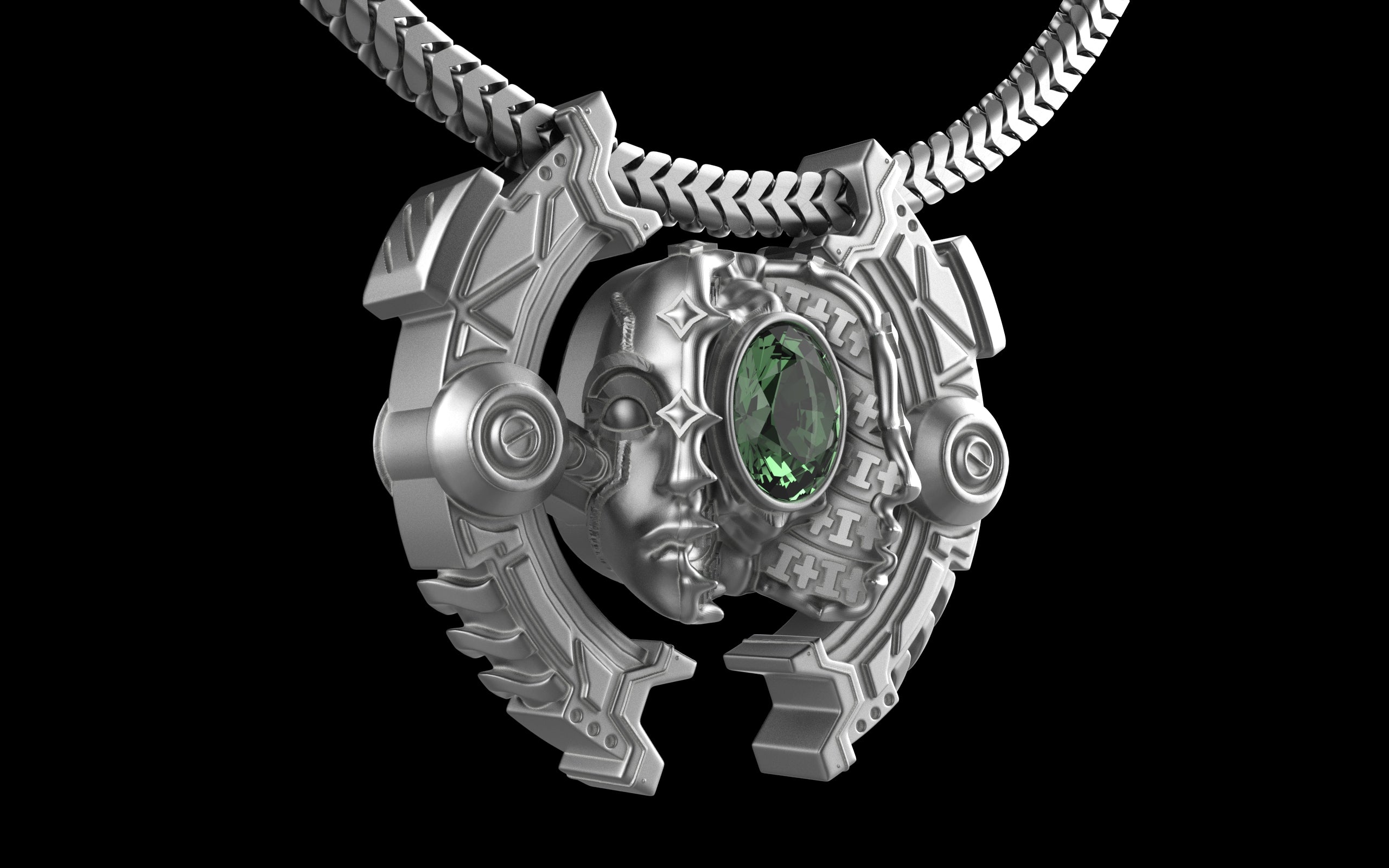 "Omnipresence" Biomechanical Cyberpunk Gemstone Pendant with Chain - Sterling Silver / Brass / Bronze
