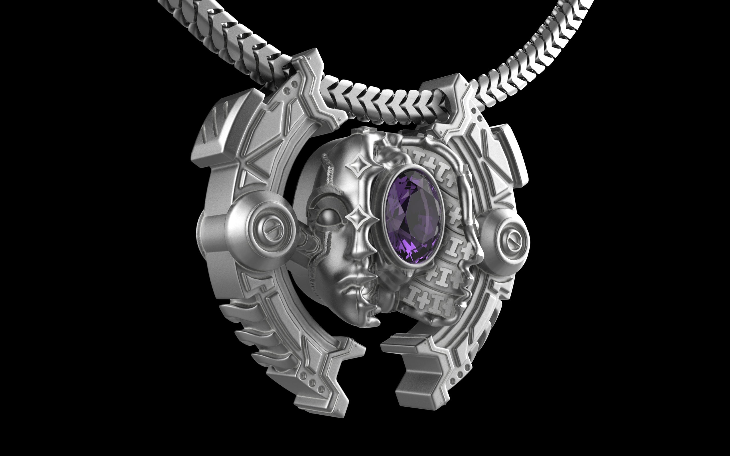 "Omnipresence" Biomechanical Cyberpunk Gemstone Pendant with Chain - Sterling Silver / Brass / Bronze
