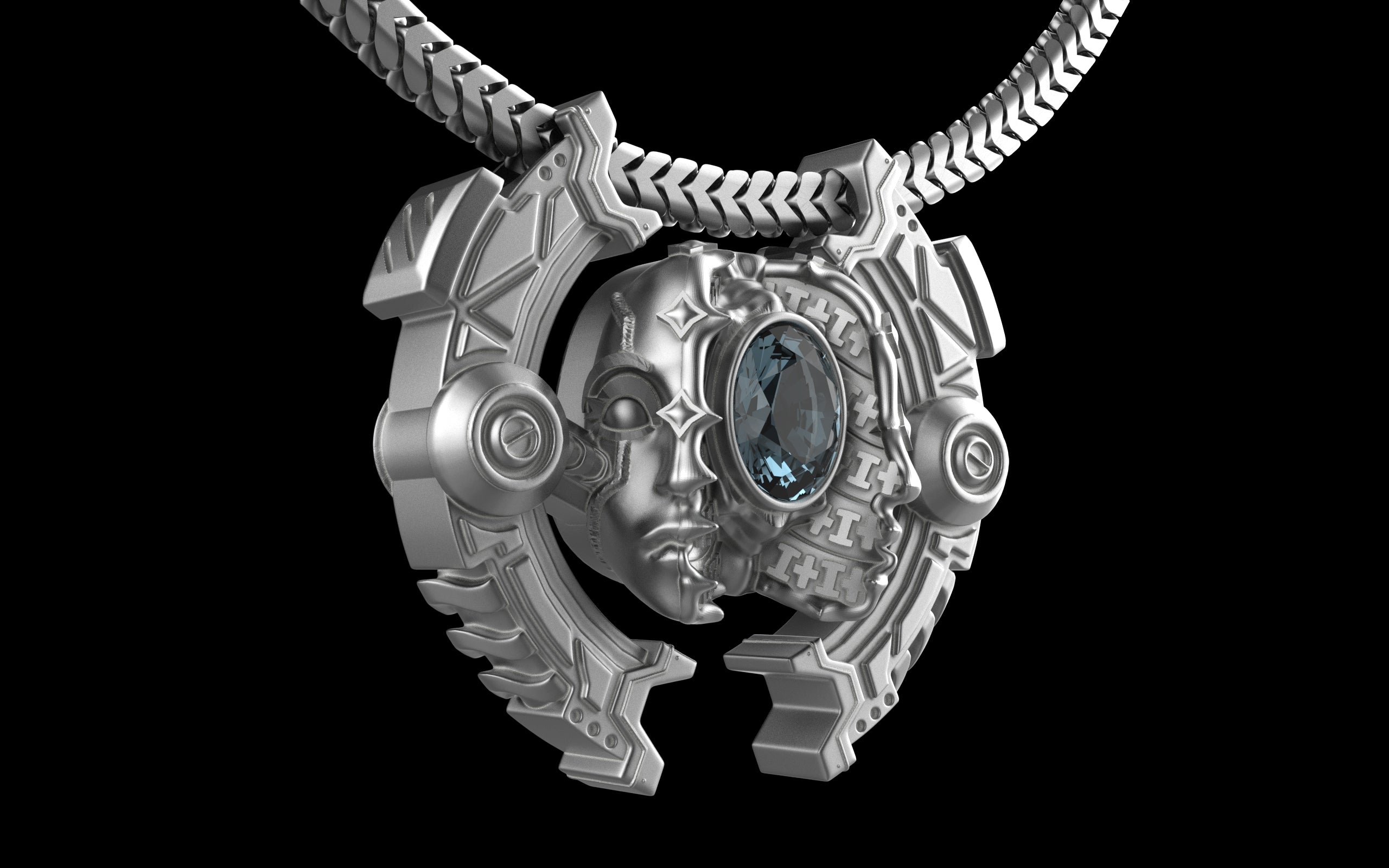 "Omnipresence" Biomechanical Cyberpunk Gemstone Pendant with Chain - Sterling Silver / Brass / Bronze