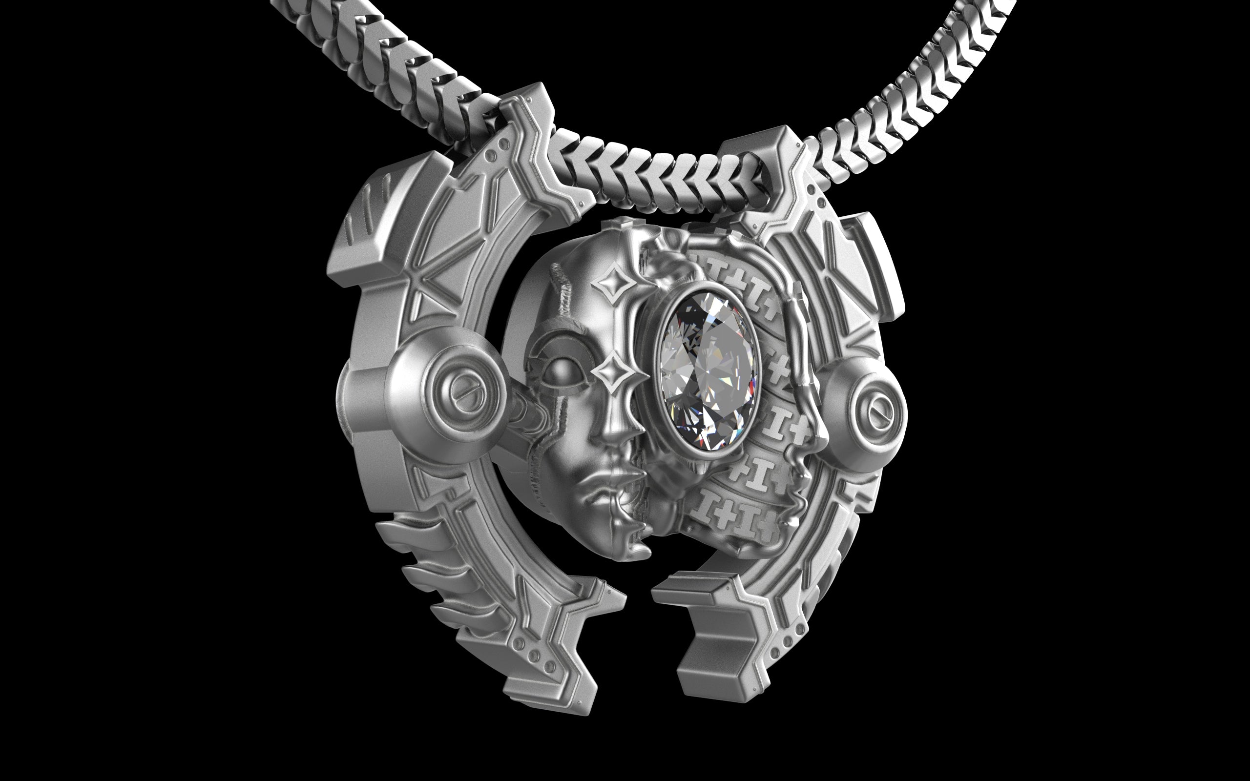 "Omnipresence" Biomechanical Cyberpunk Gemstone Pendant with Chain - Sterling Silver / Brass / Bronze