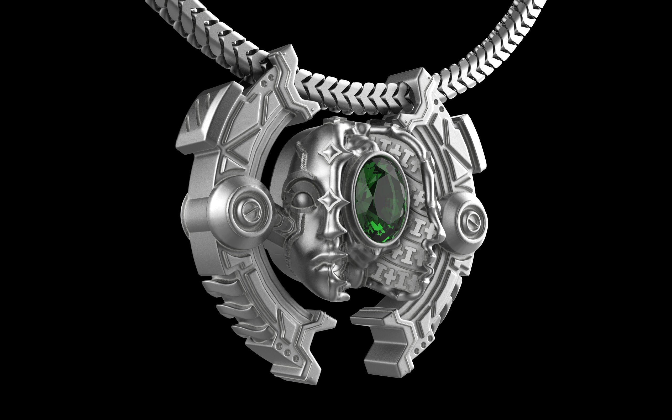 "Omnipresence" Biomechanical Cyberpunk Gemstone Pendant with Chain - Sterling Silver / Brass / Bronze