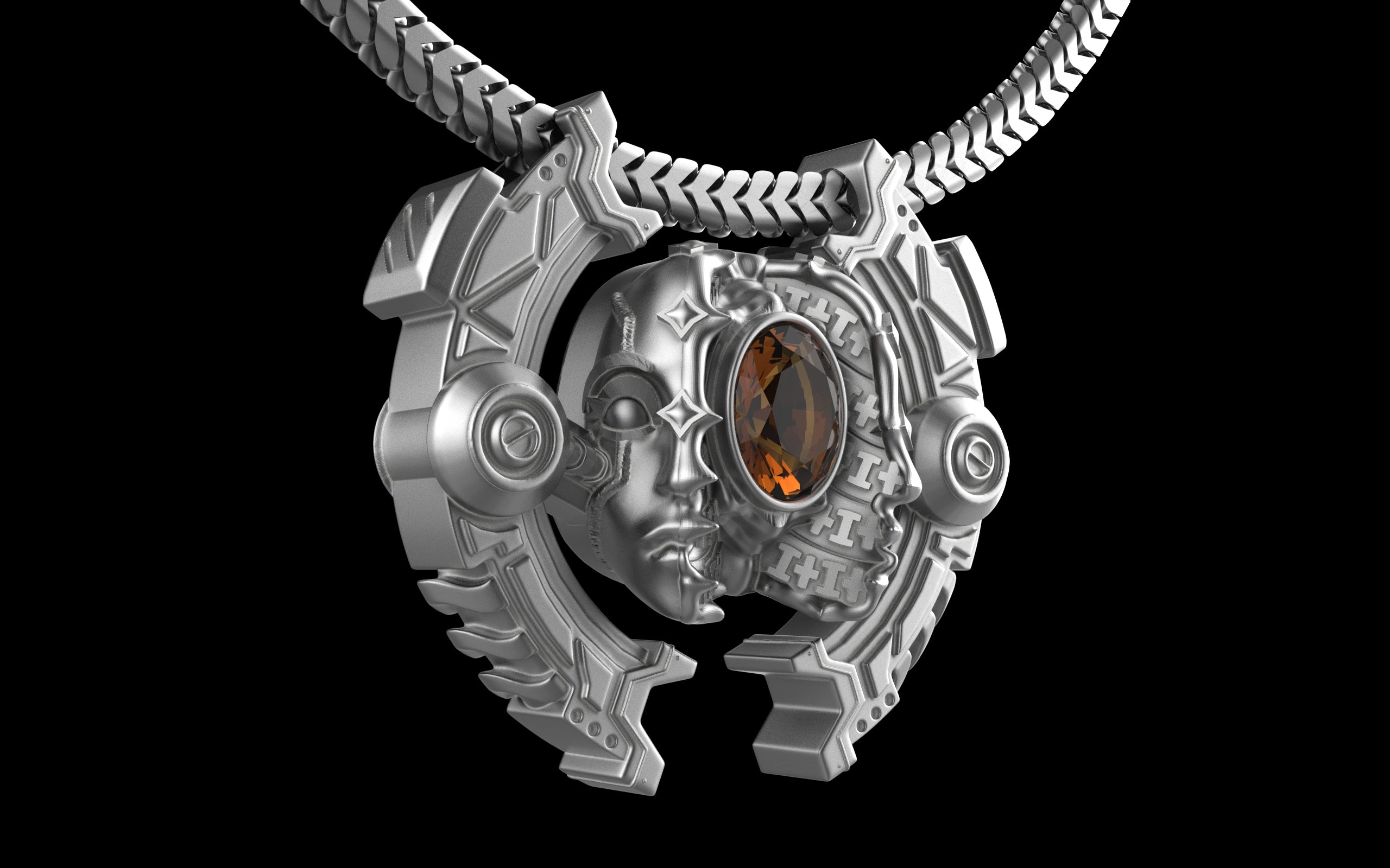 "Omnipresence" Biomechanical Cyberpunk Gemstone Pendant with Chain - Sterling Silver / Brass / Bronze