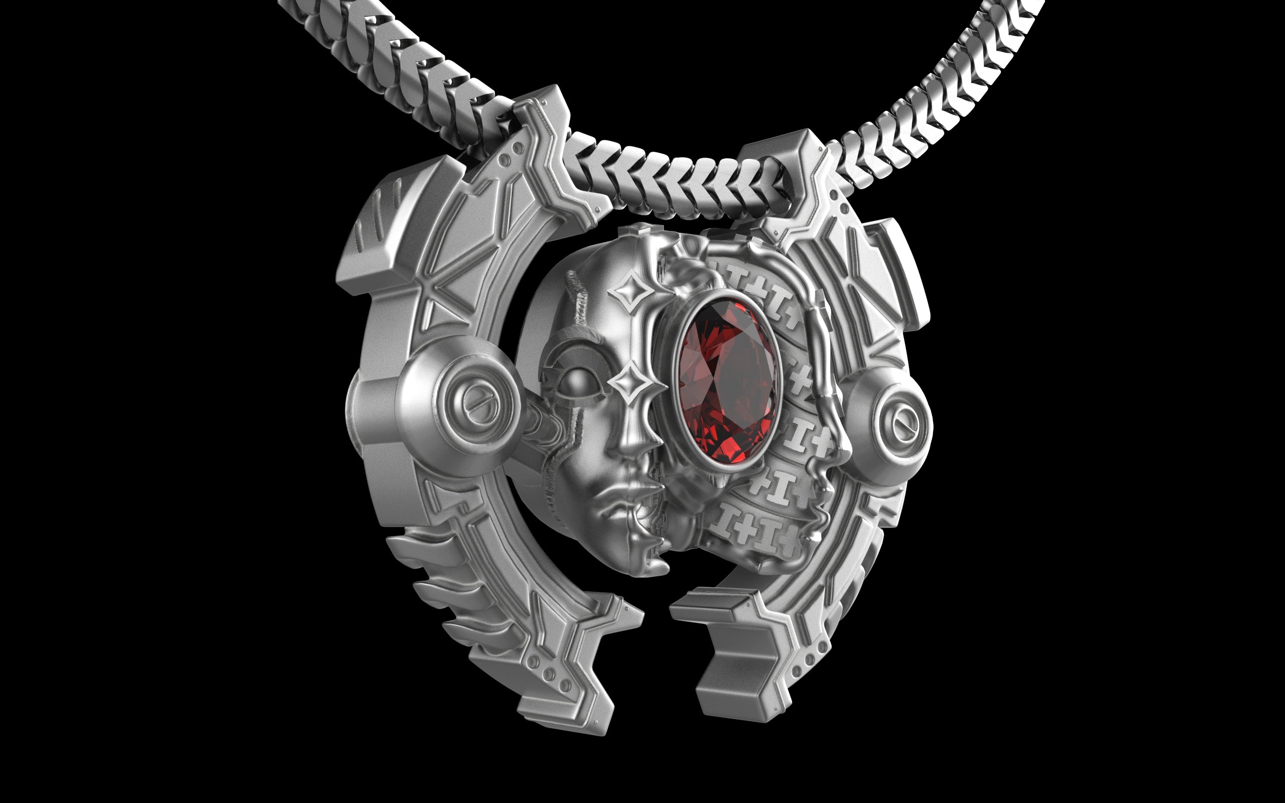 "Omnipresence" Biomechanical Cyberpunk Gemstone Pendant with Chain - Sterling Silver / Brass / Bronze