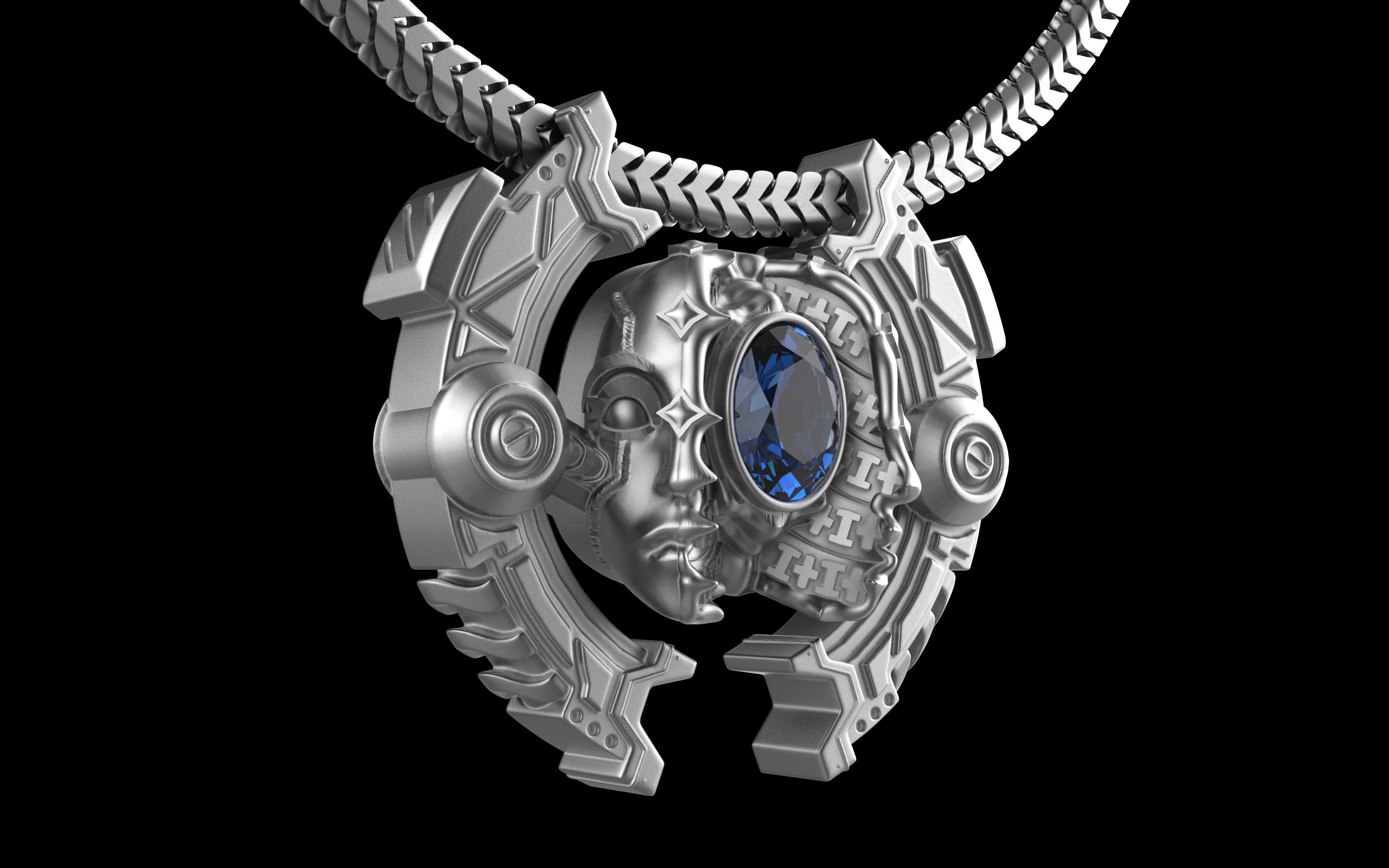 "Omnipresence" Biomechanical Cyberpunk Gemstone Pendant with Chain - Sterling Silver / Brass / Bronze