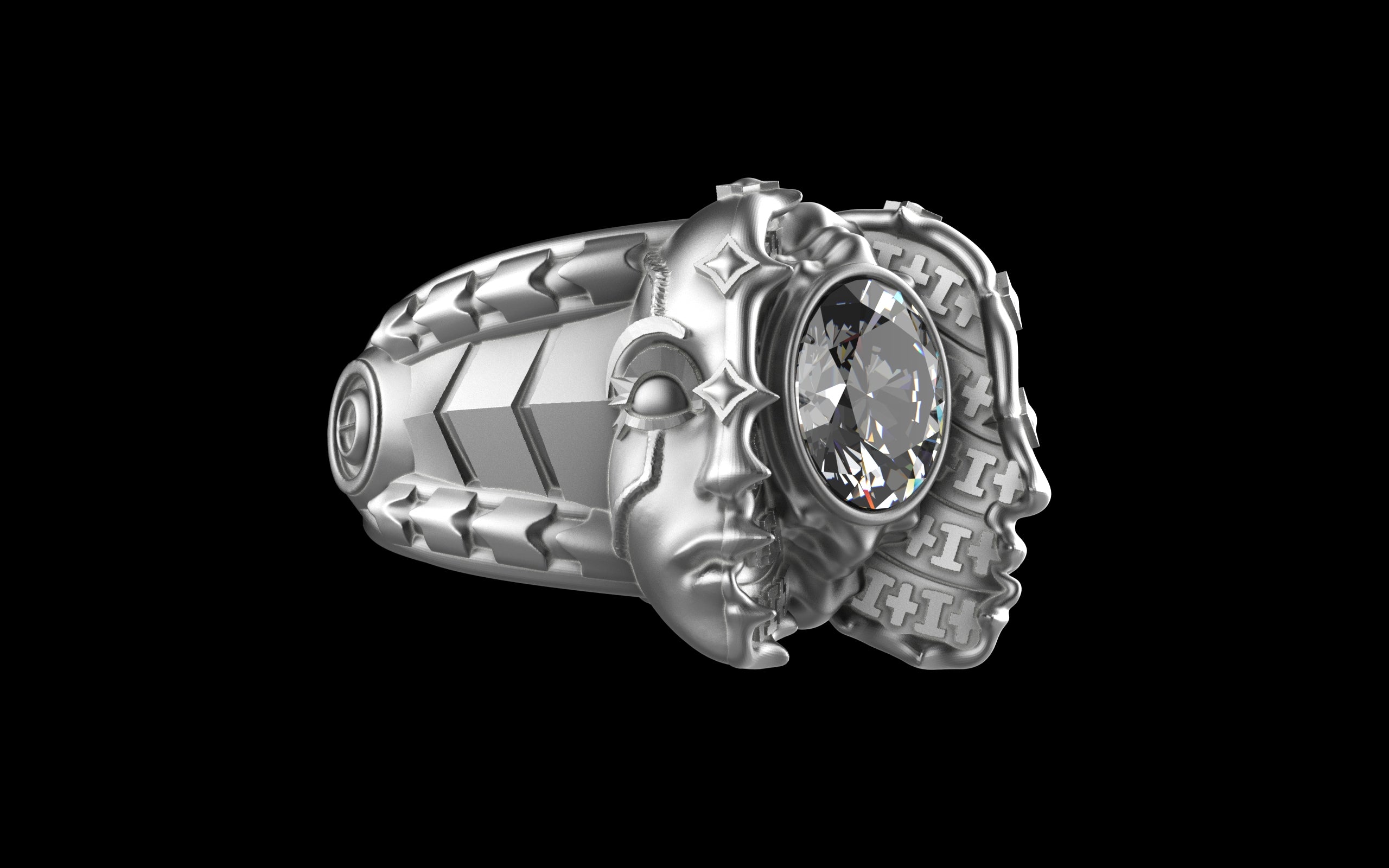 "Omnipresence" Biomechanical Cyberpunk Gemstone Ring - Sterling Silver / Brass / Bronze