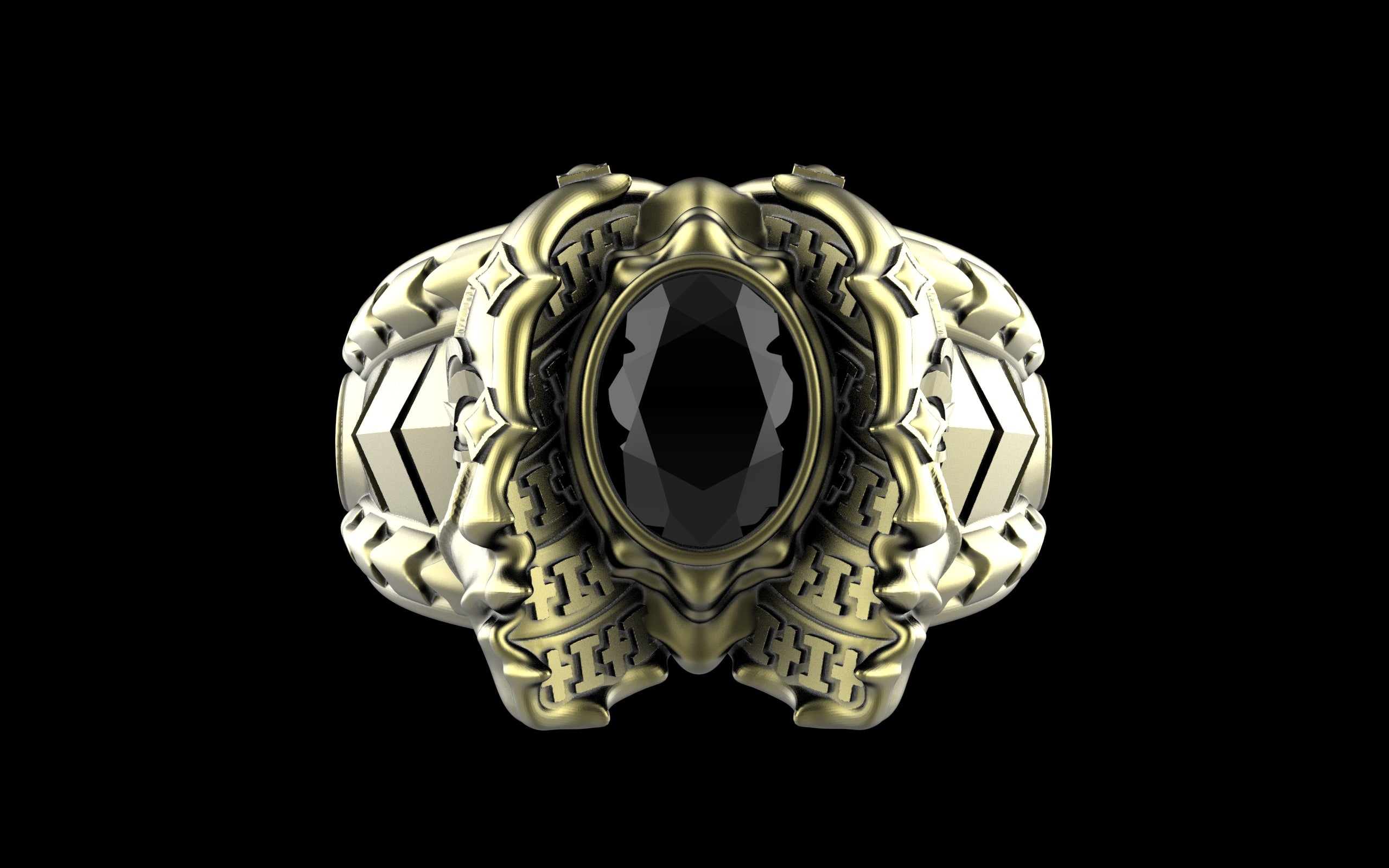 "Omnipresence" Biomechanical Cyberpunk Gemstone Ring - Sterling Silver / Brass / Bronze