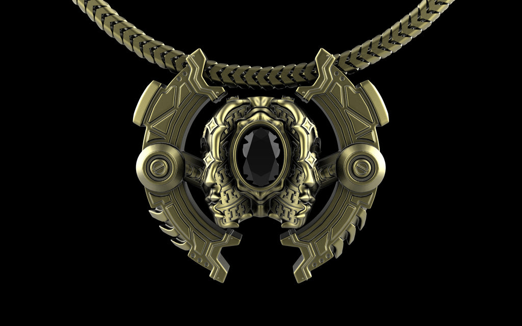 "Omnipresence" Biomechanical Cyberpunk Gemstone Pendant with Chain - Sterling Silver / Brass / Bronze