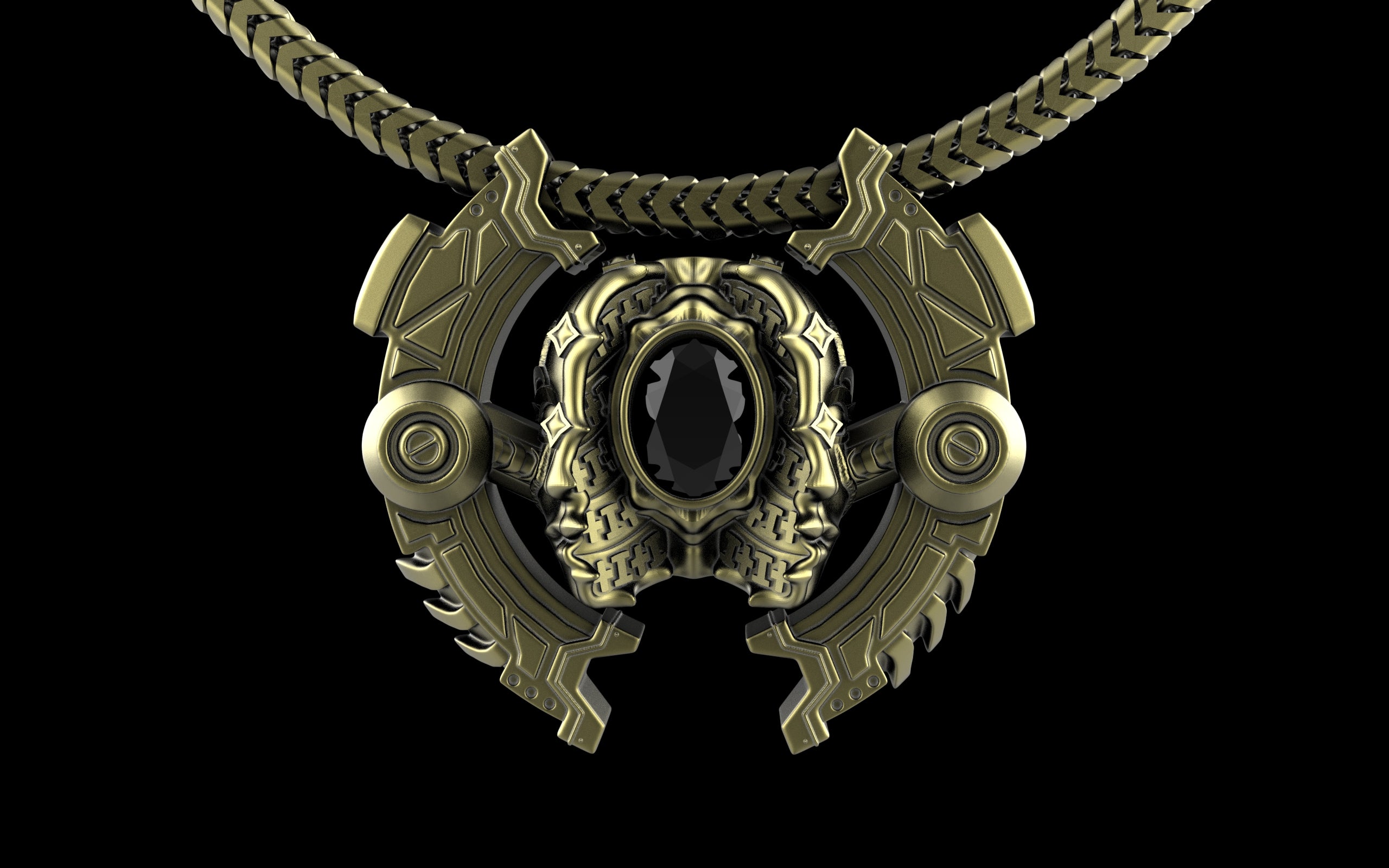 "Omnipresence" Biomechanical Cyberpunk Gemstone Pendant with Chain - Sterling Silver / Brass / Bronze